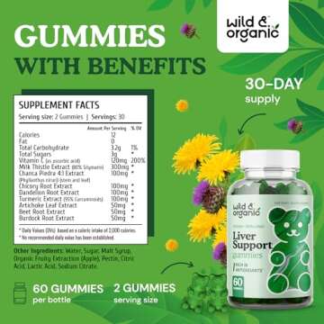 Wild & Organic Liver Support Gummies - Milk Thistle, Dandelion Root Extract for Liver Cleanse Detox - 60 Silymarin Milk Thistle Gummies - Vegan, Non-GMO Herbal Supplement