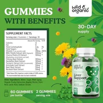 Wild & Organic Liver Support Gummies - Milk Thistle, Dandelion Root Extract for Liver Cleanse Detox - 60 Silymarin Milk Thistle Gummies - Vegan, Non-GMO Herbal Supplement