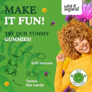 Wild & Organic Liver Support Gummies - Milk Thistle, Dandelion Root Extract for Liver Cleanse Detox - 60 Silymarin Milk Thistle Gummies - Vegan, Non-GMO Herbal Supplement