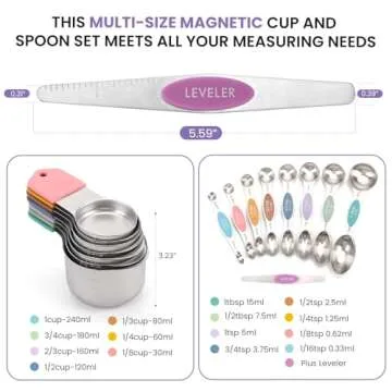 Magnetic Measuring Cups and Spoons Set-Heavy Duty 304 Stainless Steel，Double Measurement Markings，Set of 16 with Leveler for Measure Dry and Liquid Ingredients