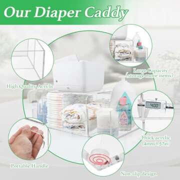 NANYEZH Acrylic Diaper Caddy, Baby Wipes Organizer for Changing Table, Dresser Top Tabletop Organizer with 4 Detachable Compartments, Anti-slip Rubber Feet, Newborn Baby Essentials, Clear