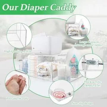 NANYEZH Acrylic Diaper Caddy, Baby Wipes Organizer for Changing Table, Dresser Top Tabletop Organizer with 4 Detachable Compartments, Anti-slip Rubber Feet, Newborn Baby Essentials, Clear