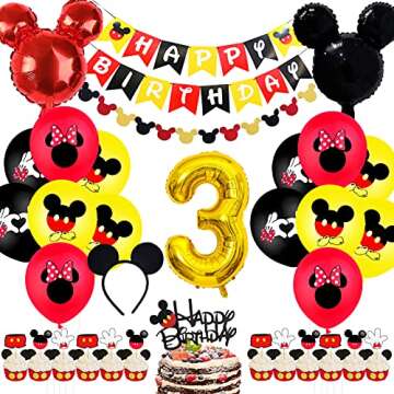 Mickey 3rd Birthday Party Supplies, Mickey 3 Years Old Decorations for boys Three Birthday Decor Red...