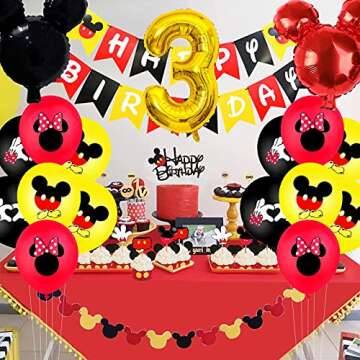 Mickey 3rd Birthday Party Supplies, Mickey 3 Years Old Decorations for boys Three Birthday Decor Red Yellow Black Balloon Banner Number 3 Foil Balloons Mouse Ears Headband for Kids… (black red 3rd)