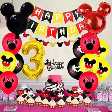 Mickey 3rd Birthday Party Supplies, Mickey 3 Years Old Decorations for boys Three Birthday Decor Red Yellow Black Balloon Banner Number 3 Foil Balloons Mouse Ears Headband for Kids… (black red 3rd)