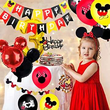 Mickey 3rd Birthday Party Supplies, Mickey 3 Years Old Decorations for boys Three Birthday Decor Red Yellow Black Balloon Banner Number 3 Foil Balloons Mouse Ears Headband for Kids… (black red 3rd)
