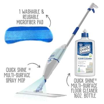 Quick Shine Spray Mop Kit with 1 Mop Pad & 1 Multi-Surface Floor Cleaner 16oz | Mop maneuvers under ...
