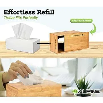 Alpine Industries Wooden Bamboo Rectangular Tissue Box Cover - Eco Friendly Pull Holder/Dispenser - Decorative Organizer for Bathroom, Office Desk & Car (Bamboo)