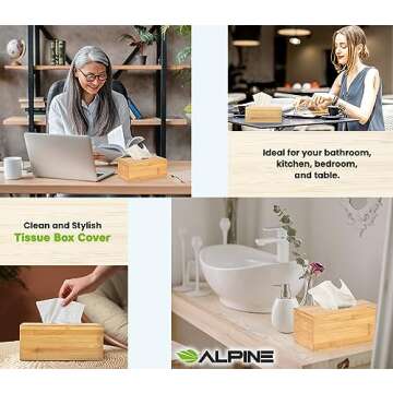 Alpine Industries Wooden Bamboo Rectangular Tissue Box Cover - Eco Friendly Pull Holder/Dispenser - Decorative Organizer for Bathroom, Office Desk & Car (Bamboo)