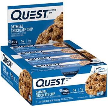 Quest Nutrition Oatmeal Chocolate Chip Protein Bars, 20g Protein, 1g Sugar, 5g Net Carb, Gluten Free...