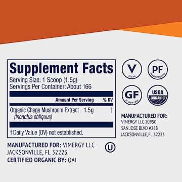 Vimergy USDA Organic Wild Chaga Mushroom Extract Powder, 166 Servings – Ideal in Chaga Tea, Coffee, Smoothies – Cardiovascular Support - Kosher, Vegan, No Gluten, Paleo - Pure Chaga, No Fillers (250g)