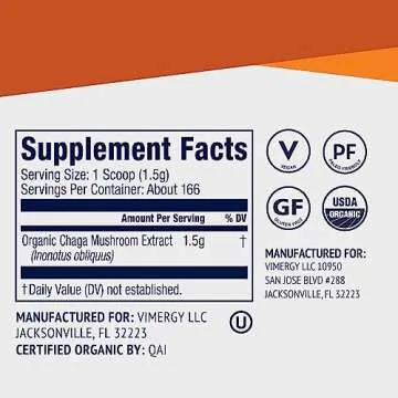 Vimergy USDA Organic Wild Chaga Mushroom Extract Powder, 166 Servings – Ideal in Chaga Tea, Coffee, Smoothies – Cardiovascular Support - Kosher, Vegan, No Gluten, Paleo - Pure Chaga, No Fillers (250g)