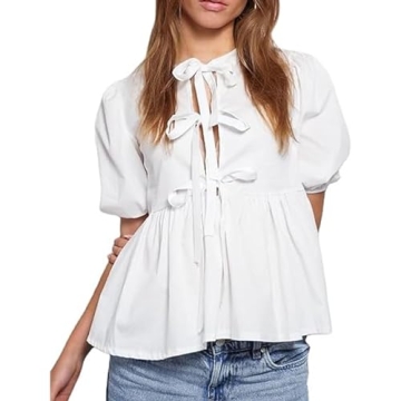 Women Leopard Print Y2K Puff Short Sleeve Peplum Shirts Tie Front Ruffle Babydoll Blouse Tops Summer...