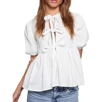 Women Leopard Print Y2K Puff Short Sleeve Peplum Shirts Tie Front Ruffle Babydoll Blouse Tops Summer...