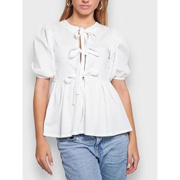 Women Leopard Print Y2K Puff Short Sleeve Peplum Shirts Tie Front Ruffle Babydoll Blouse Tops Summer Going Out Tops (White - Short Sleeve,Small,Small,Small)