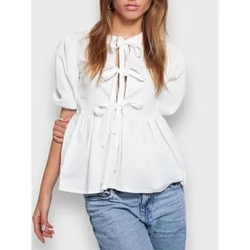 Women Leopard Print Y2K Puff Short Sleeve Peplum Shirts Tie Front Ruffle Babydoll Blouse Tops Summer Going Out Tops (White - Short Sleeve,Small,Small,Small)