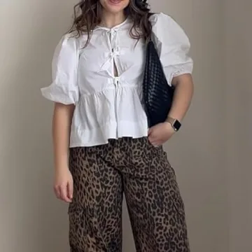 Women Leopard Print Y2K Puff Short Sleeve Peplum Shirts Tie Front Ruffle Babydoll Blouse Tops Summer Going Out Tops (White - Short Sleeve,Small,Small,Small)