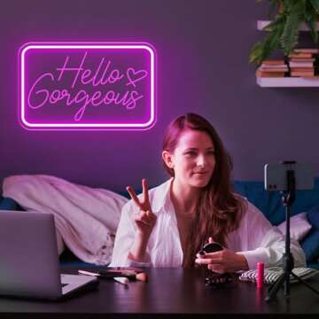 Hello Gorgeous Neon Sign for Wall Decor, Hello Beautiful LED Neon Lights Party Decorations, for Bach...