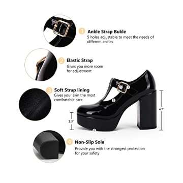 Coutgo Black Platform Heels for Women T-Strap Patent Chunky Heel Mary Jane Shoes