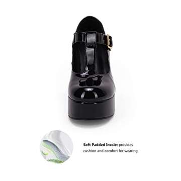 Coutgo Black Platform Heels for Women T-Strap Patent Chunky Heel Mary Jane Shoes