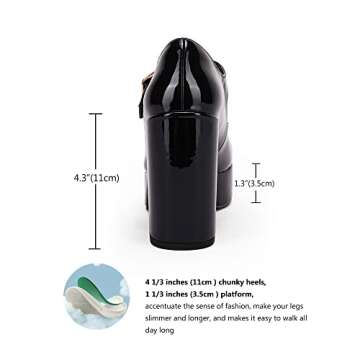 Coutgo Black Platform Heels for Women T-Strap Patent Chunky Heel Mary Jane Shoes