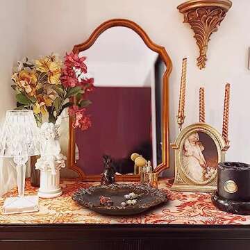 S-MANTIS Vintage Tray Small Antique Trinket Dish, Round, Ring Holder with Twisted Flower Surrounding, Cosmetics Makeup Storage Organizer, Gift, Aesthetic Room Decor (Bronze-Flower)