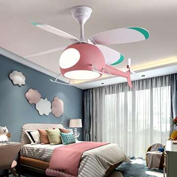 baoshilai kids 42 inch ceiling fan lights, kids bedroom fan (helicopter model), modern ceiling fan with lights remote control, no flicker. LED3-1 color temperature, suitable for girls room,Pink