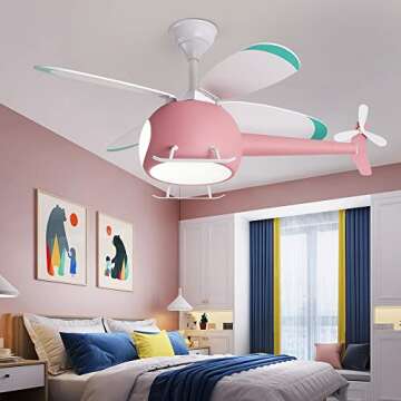 baoshilai kids 42 inch ceiling fan lights, kids bedroom fan (helicopter model), modern ceiling fan with lights remote control, no flicker. LED3-1 color temperature, suitable for girls room,Pink