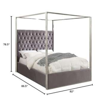 Meridian Furniture Porter Collection Modern | Contemporary Velvet Upholstered Bed with Deep Detailed Tufting and Chrome Canopy, Grey, King