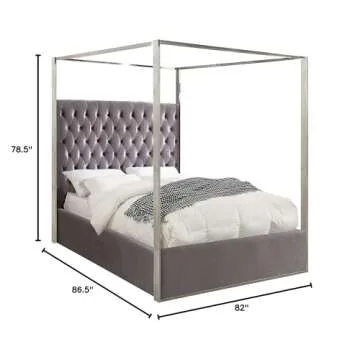 Meridian Furniture Porter Collection Modern | Contemporary Velvet Upholstered Bed with Deep Detailed Tufting and Chrome Canopy, Grey, King