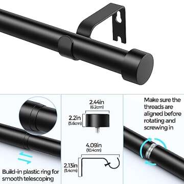 VOIIY 2 Pack Black Curtain Rods for Windows 66 to 120 Inch(5.5-10 Feet),1" Diameter Drapery Rods with Modern Style End Cap Finials,Size:36-120 Inch