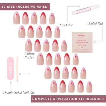 Glamnetic Press On Nails - Pure Hearted | Short Almond Nails with Heart Accents, Reusable Stick On Fake Nails with Glue | Love In Bloom Spring Nails | 15 Sizes - 30 Nail Kit with Glue