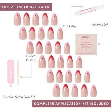 Glamnetic Press On Nails - Pure Hearted | Short Almond Nails with Heart Accents, Reusable Stick On Fake Nails with Glue | Love In Bloom Spring Nails | 15 Sizes - 30 Nail Kit with Glue