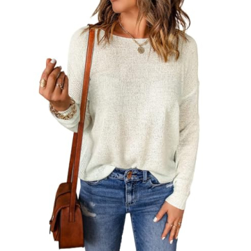 Acelitt Women's Casual Spring Long Sleeve Crewneck Lightweight Loose Fashion 2024 Crochet Knit Pullo...