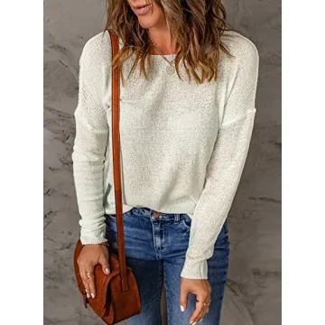 Acelitt Women's Casual Spring Long Sleeve Crewneck Lightweight Loose Fashion 2024 Crochet Knit Pullover Sweaters Tops White XXL