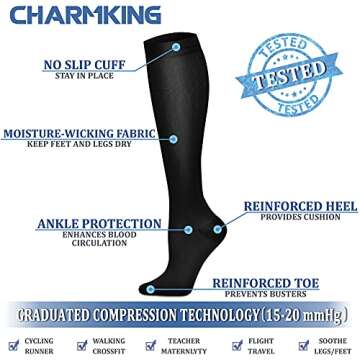 CHARMKING Compression Socks for Women & Men (8 Pairs) 15-20 mmHg Graduated Copper Support Socks are Best for Pregnant, Nurses - Boost Performance, Circulation, Knee High & Wide Calf (L/XL, Black)