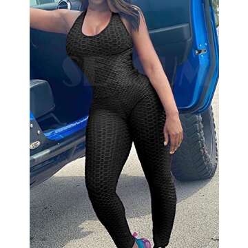 SEASUM Women Yoga Jumpsuit Backless One piece Workout Catsuit Bodysuit Sleeveless Textured Gym Bodycon Romper M