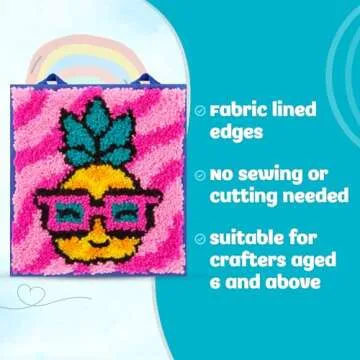 Playmonster LatchKits for Wall Hangings & Mini-Rugs - Pineapple - Craft Kit with Easy, Color-Coded Canvas, Pre-Cut Yarn & Latch Hook Tool - Perfect DIY Craft for Kids - Ages 6 and Up, Small, Multi