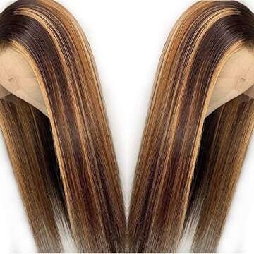 Kun Gang 13x6 Straight Highlight 27 Colored Lace Front Wigs Human Hair PrePlucked Middle Part For Women Brazilian Lace Front Human Hair Wigs 150% Density. (20inch)