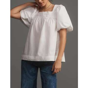 Tiko Miko Short Puff-Sleeve Dressy Blouses Smocked Square Ruffle Neck Loose Shirts Casual Womens Tops(0570-White-L)