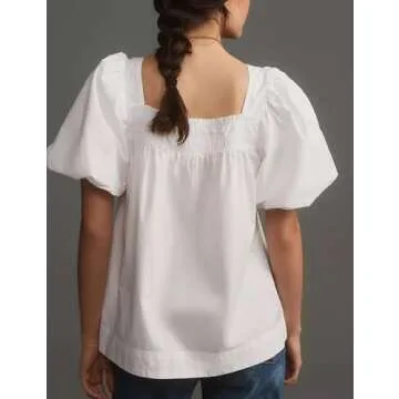 Tiko Miko Short Puff-Sleeve Dressy Blouses Smocked Square Ruffle Neck Loose Shirts Casual Womens Tops(0570-White-L)