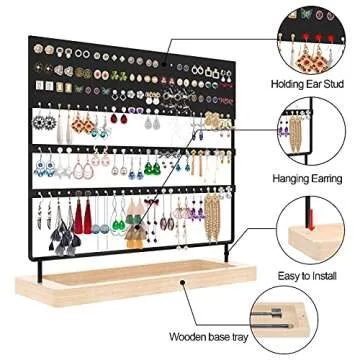 X Kang, Earring Stand Display,3-Tier Ear Stud Holder Rack, Jewelry Organizer 144 Holes with Wooden Tray for Earrings Necklaces Watches and Rings(Black)