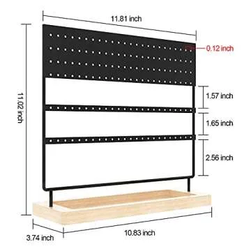 X Kang, Earring Stand Display,3-Tier Ear Stud Holder Rack, Jewelry Organizer 144 Holes with Wooden Tray for Earrings Necklaces Watches and Rings(Black)