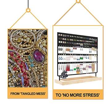 X Kang, Earring Stand Display,3-Tier Ear Stud Holder Rack, Jewelry Organizer 144 Holes with Wooden Tray for Earrings Necklaces Watches and Rings(Black)