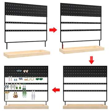 X Kang, Earring Stand Display,3-Tier Ear Stud Holder Rack, Jewelry Organizer 144 Holes with Wooden Tray for Earrings Necklaces Watches and Rings(Black)