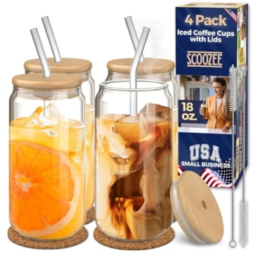 Scoozee Iced Coffee Cups with Lids [4 Pcs-18Oz] Beer Glasses with Bamboo Lids & Glass Straws, White ...