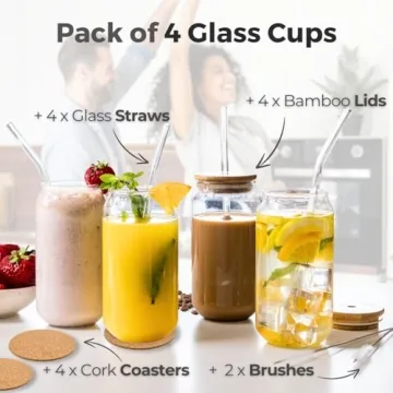Scoozee Iced Coffee Cups with Lids [4 Pcs-18Oz] Beer Glasses with Bamboo Lids & Glass Straws, White Elephant Gifts, Glass Cups with Lids & Straws, Coffee Glass Tumbler, Housewarming Gifts New Home