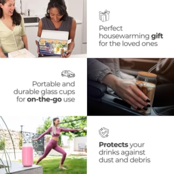 Scoozee Iced Coffee Cups with Lids [4 Pcs-18Oz] Beer Glasses with Bamboo Lids & Glass Straws, White Elephant Gifts, Glass Cups with Lids & Straws, Coffee Glass Tumbler, Housewarming Gifts New Home