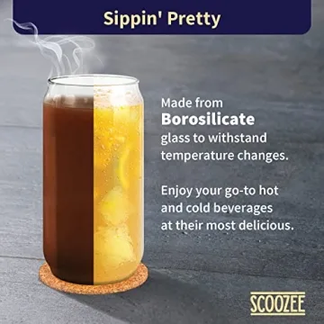 Scoozee Iced Coffee Cups with Lids [4 Pcs-18Oz] Beer Glasses with Bamboo Lids & Glass Straws, White Elephant Gifts, Glass Cups with Lids & Straws, Coffee Glass Tumbler, Housewarming Gifts New Home