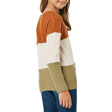 Girls Waffle Colorblock Tie Top Long Sleeve Casua T Shirt Knit Tunic Brown